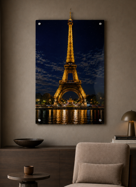 Quadro 3D da Torre Eiffel iluminada sobre o Rio Sena